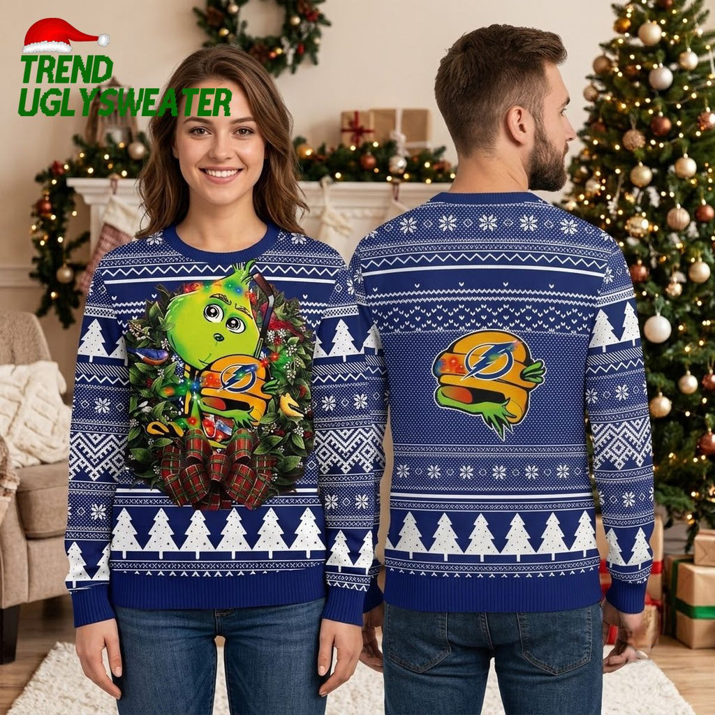 Tampa Bay Lightning Grinch Hugging Hockey Stick Ugly Christmas Sweater