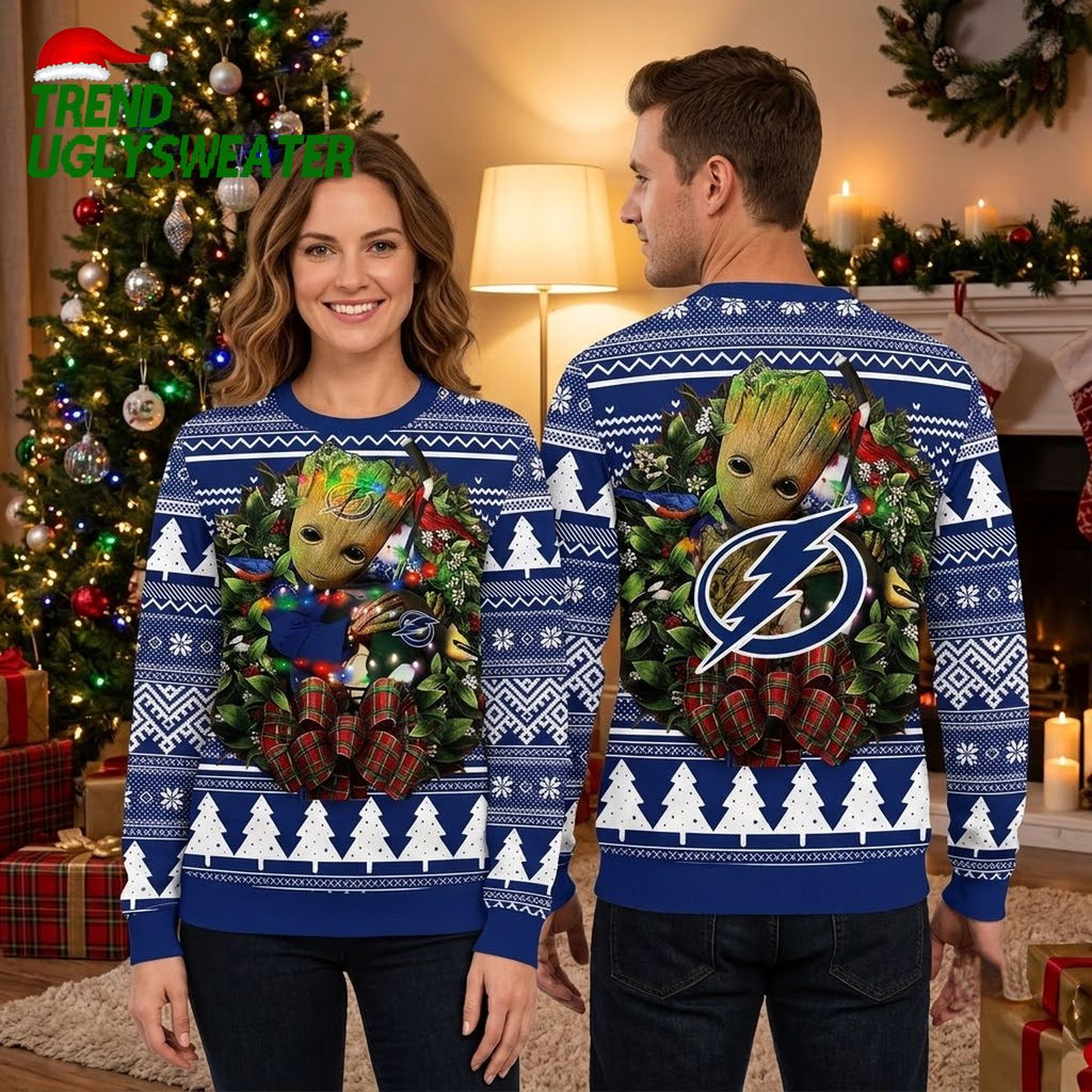 Tampa Bay Lightning Groot Christmas Lights Ugly Christmas Sweater