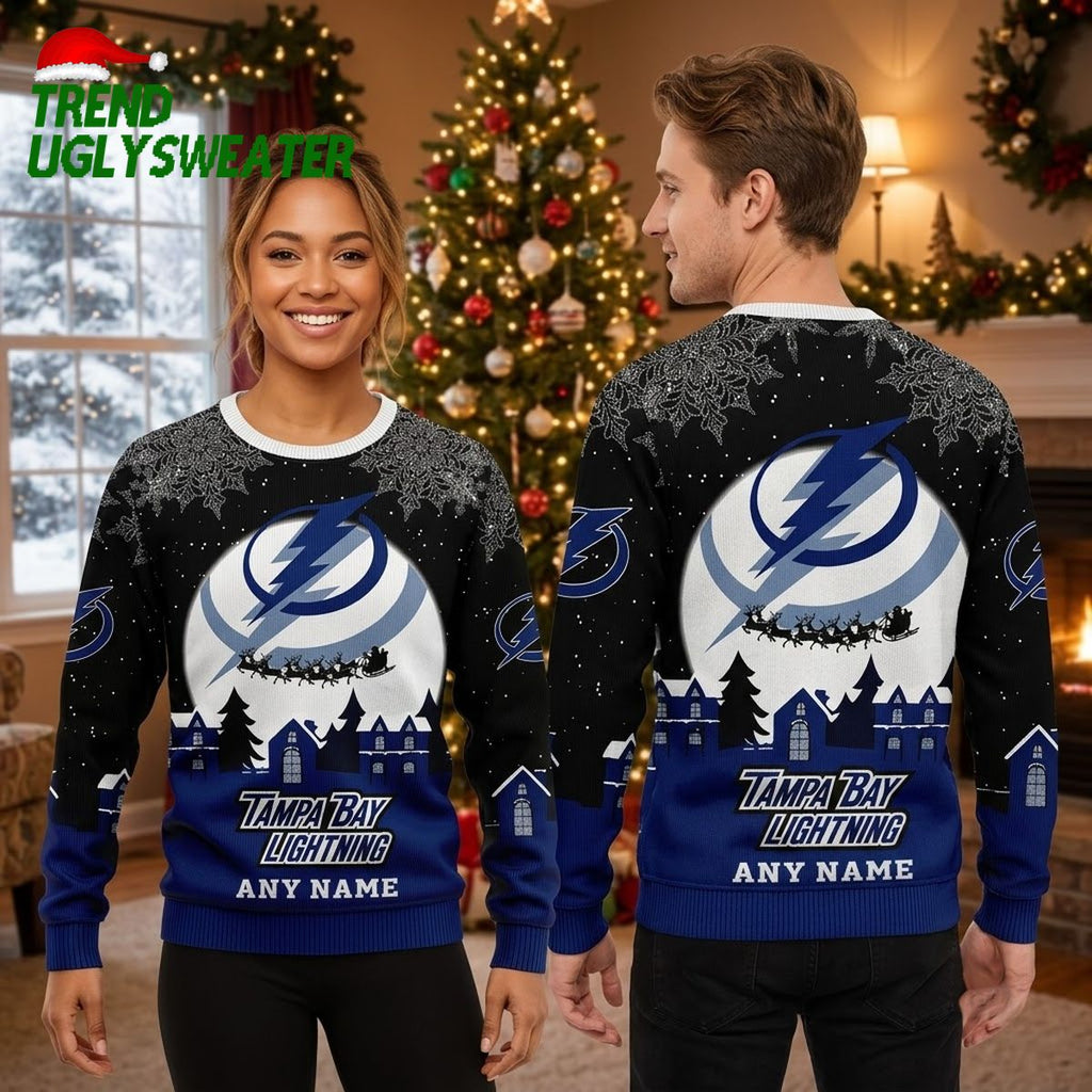 Tampa Bay Lightning Logo Santa Sleigh Custom Name Ugly Christmas Sweater