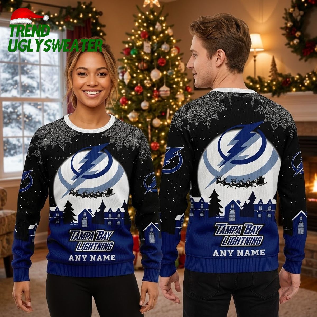 Tampa Bay Lightning Logo Santa Sleigh Custom Name Ugly Christmas Sweater
