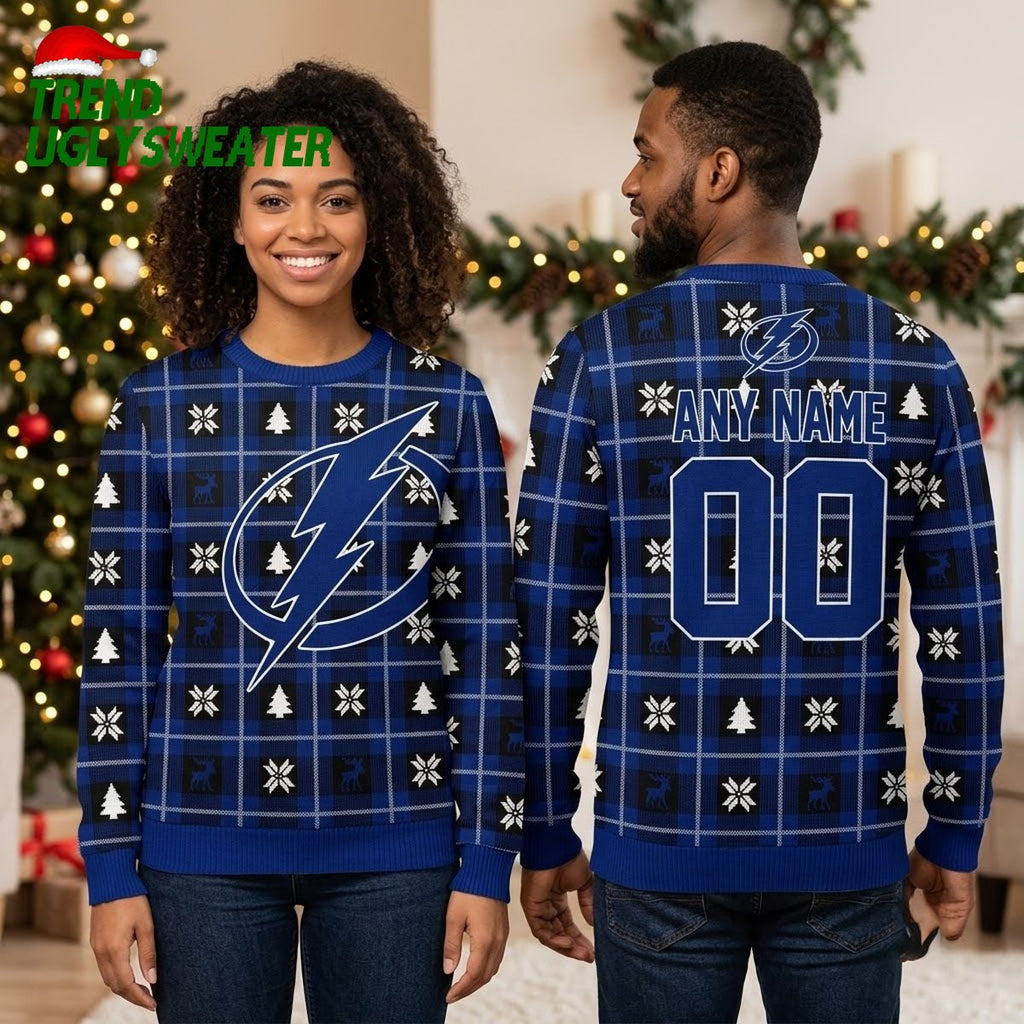 Tampa Bay Lightning Personalized Logo Snowflake Plaid Custom Name And Number Ugly Christmas Sweater