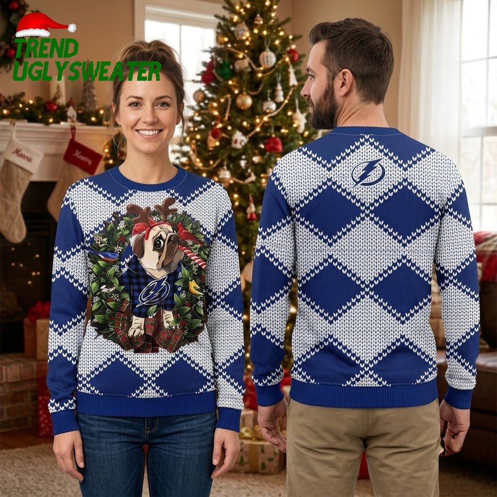 Tampa Bay Lightning Pug With Reindeer Antlers Ugly Christmas Sweater