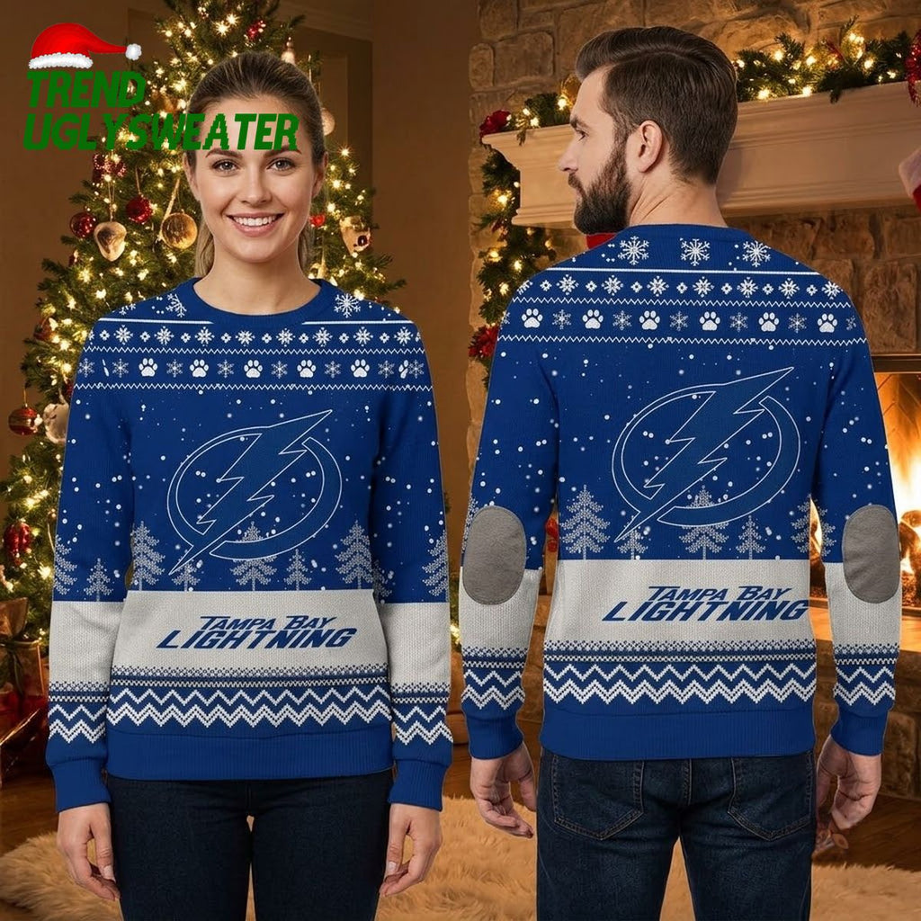 Tampa Bay Lightning Snowflake And Paw Print Logo Ugly Christmas Sweater