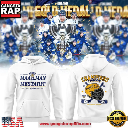 Team Finland 2026 IIHF World Hockey Champions Maailman Mestarit Championship Celebration White Hoodie