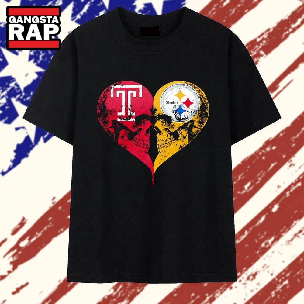 Temple Owls x Pittsburgh Steelers skulls face to face heart shape distressed T Shirt , Vintage Trending Shirt