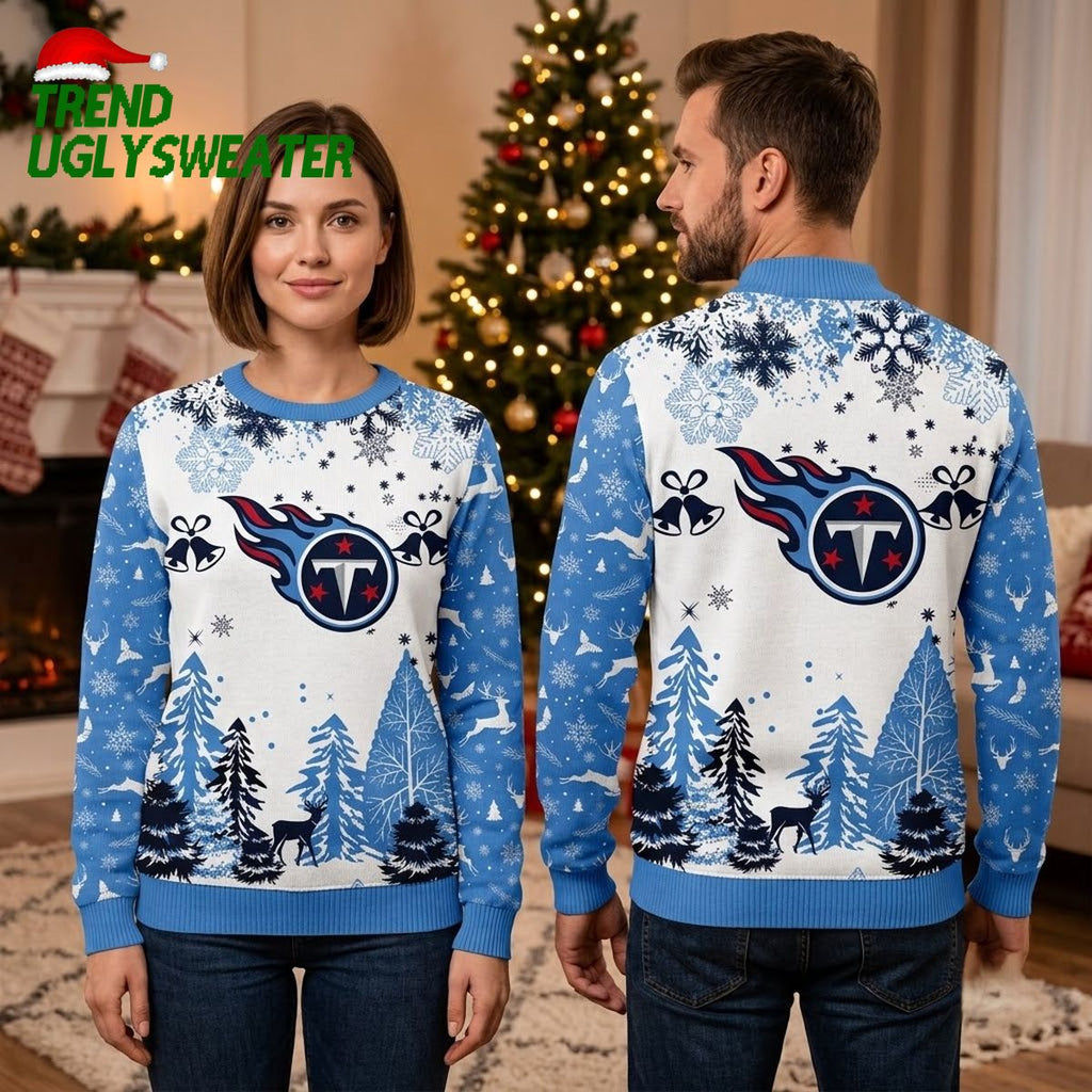 Tennessee Titans Flaming Logo Snowflakes And Winter Forest Ugly Christmas Sweater