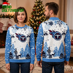 Tennessee Titans Flaming Logo Snowflakes And Winter Forest Ugly Christmas Sweater