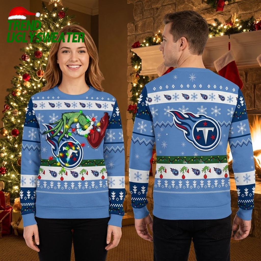 Tennessee Titans Grinch Hand Christmas Lights Ugly Christmas Sweater