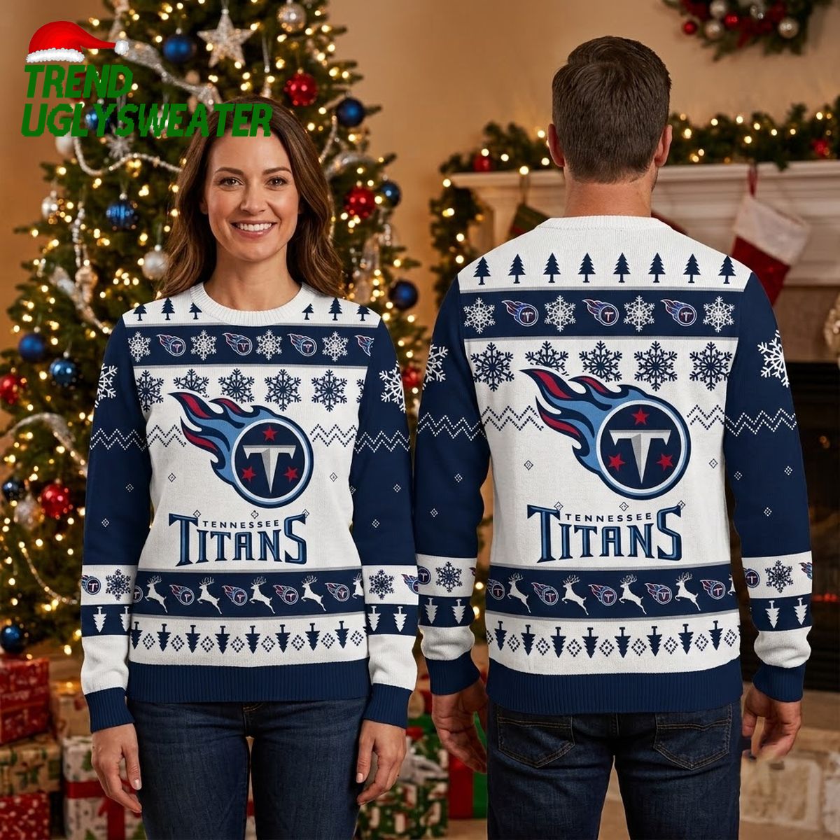 Tennessee Titans Logo Snowflake And Reindeer Ugly Christmas Sweater