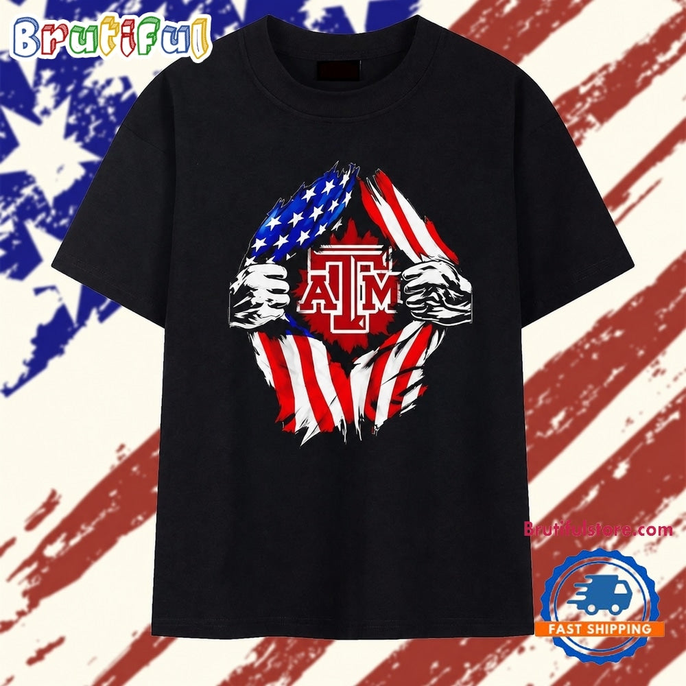 Texas A and M University American flag ripped chest T Shirt