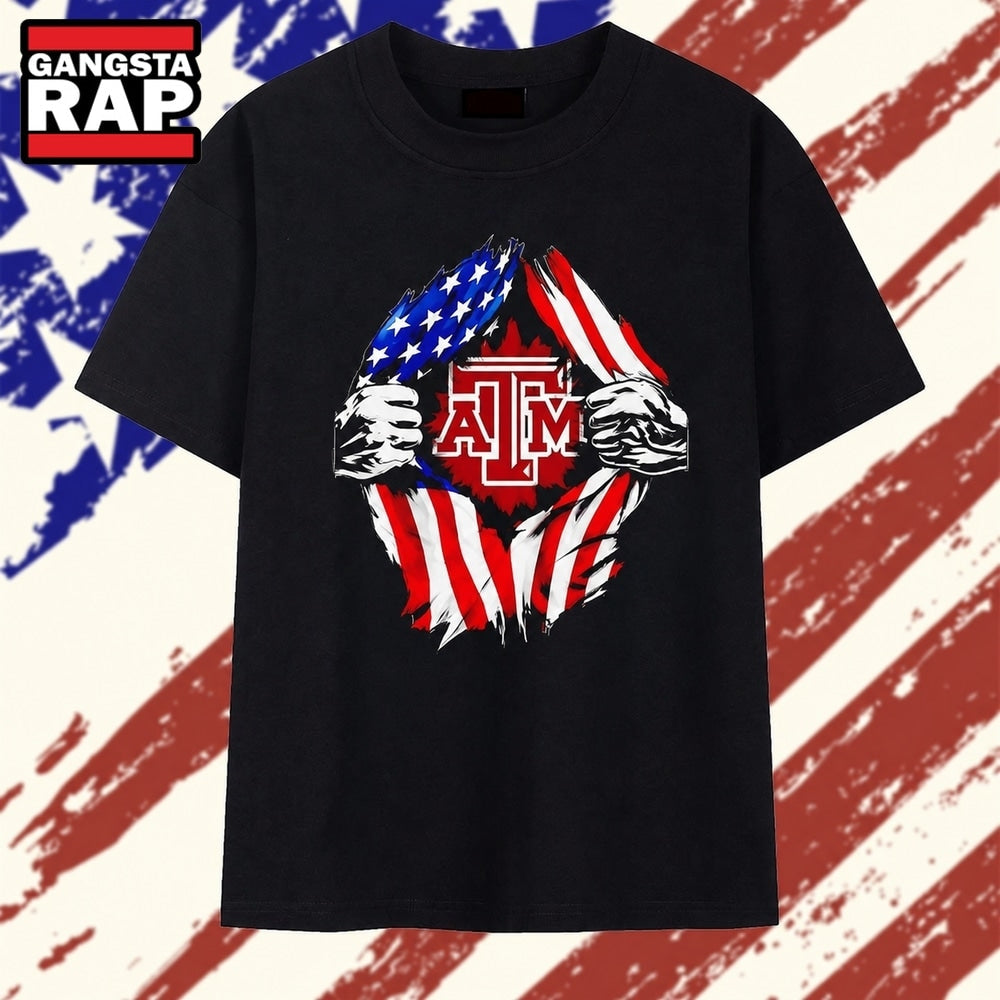 Texas A and M University American flag ripped chest T Shirt
