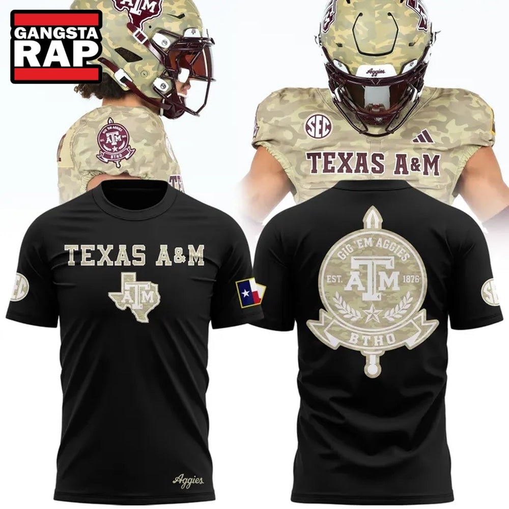 Texas A&M Aggies Honor & Support Camo Logo Black T Shirt