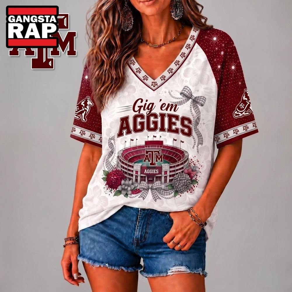 Texas A&M Aggies NCAA Floral Stadium Bow V Neck 3D T Shirt