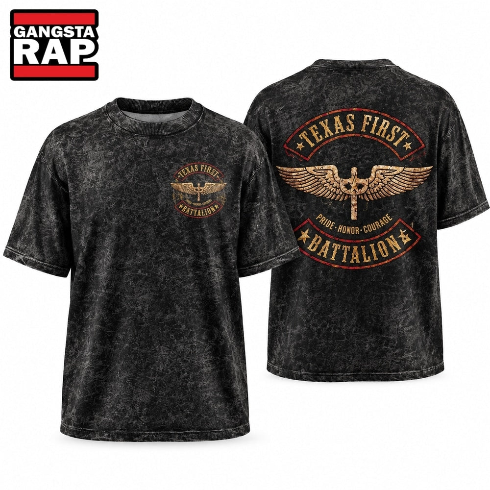 Texas First Battalion Military Style Winged Star Cross Graphic Vintage T Shirt