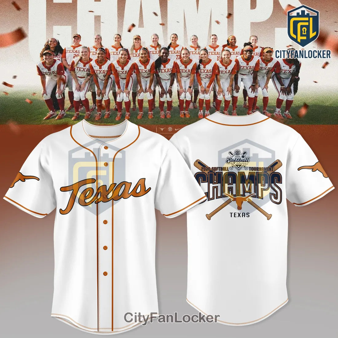 Texas Longhorns 2026 SEC Softball Tournament Champions Baseball Jersey