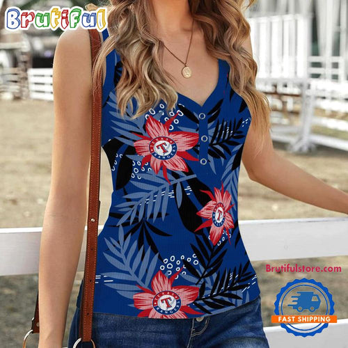 Texas Rangers Hibiscus Pattern Women’s V-Neck Ribbed Tank Top