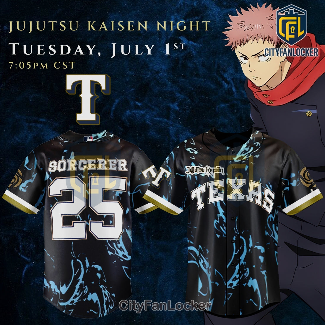 Texas Rangers Jujutsu Kaisen Night Sorcerer Baseball Jersey