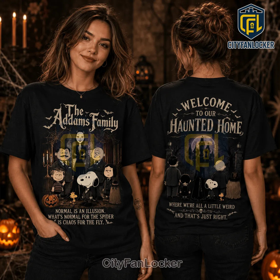 The Addams Family x Snoopy Haunted Home Black T-Shirt