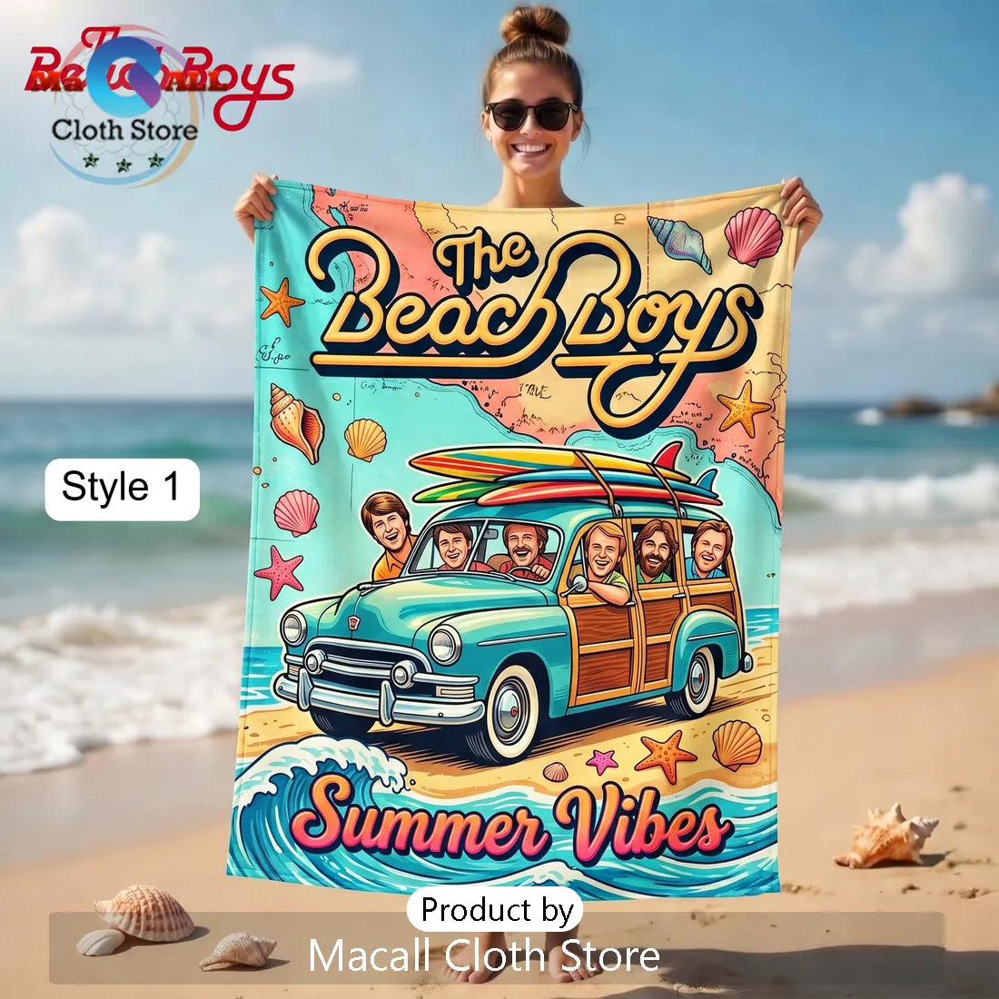 The Beach Boys Summer Vibes Retro Woody Car Graphic Beach Towel