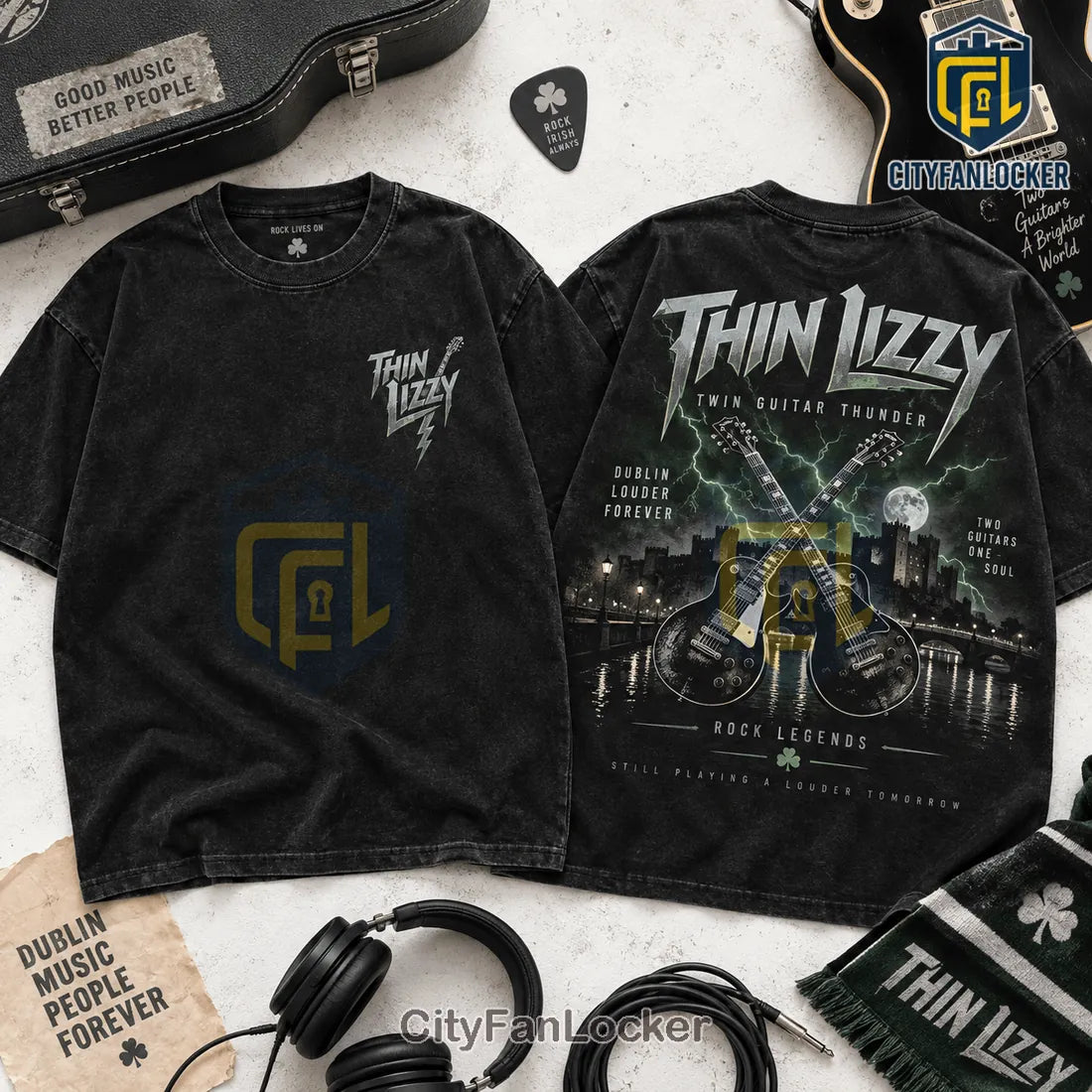 Thin Lizzy Twin Guitar Thunder Black Mineral Wash Shirt