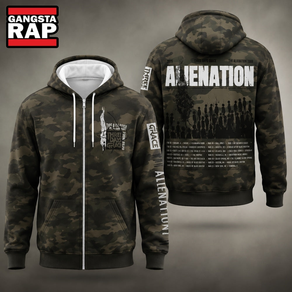 Three Days Grace 2026 Alienation Tour Camo 3D Zip Hoodie