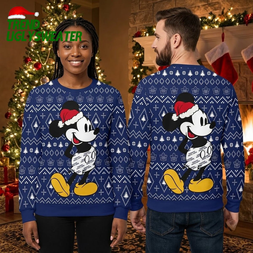 Toronto Maple Leafs Mickey Mouse Santa Hat Navy Blue Ugly Christmas Sweater