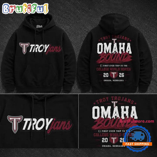 Troy Trojans Baseball Men’s College World Series 2026 TROY TO OMAHA Black Hoodie T-Shirt