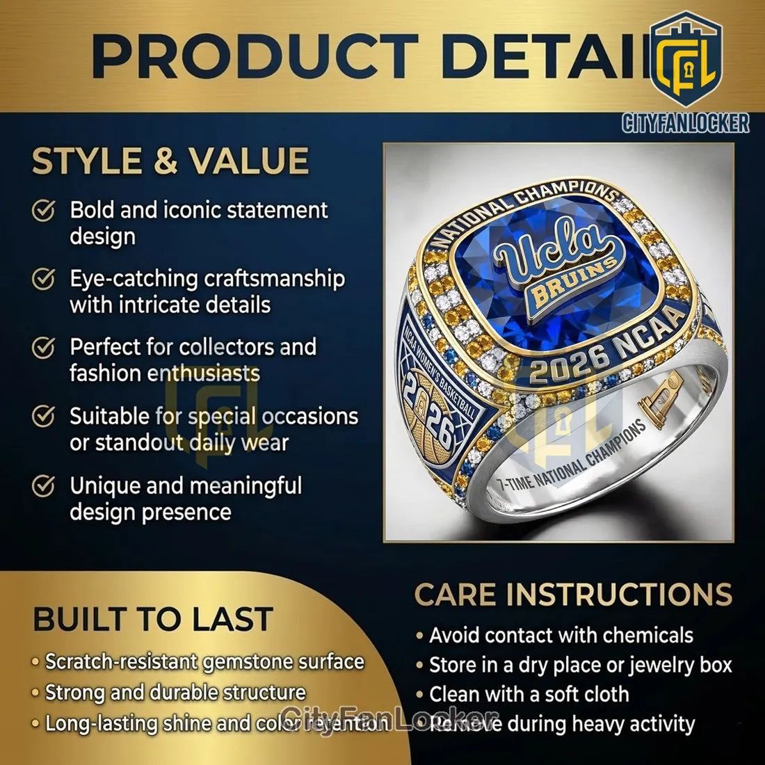 UCLA Bruins 2026 NCAA Women’s Basketball National Champions Commemorative Ring