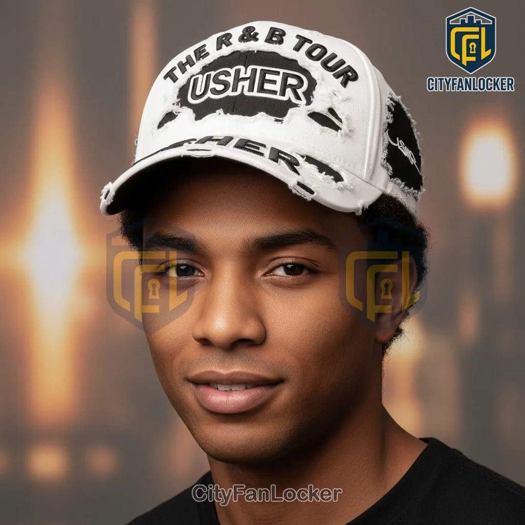 Usher The R&B Tour Distressed White Embroidered Logo Baseball Cap