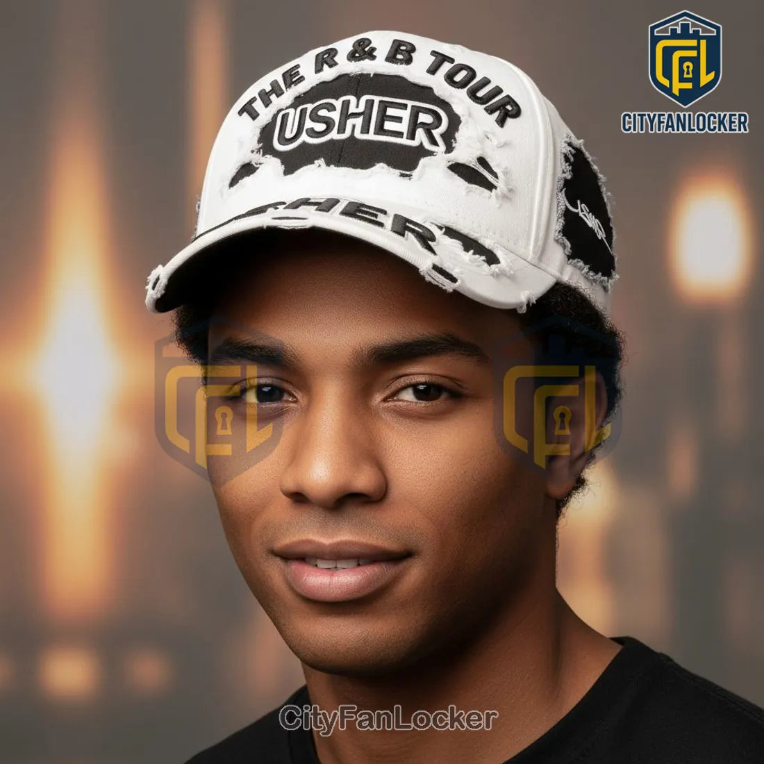 Usher The R&B Tour Distressed White Embroidered Logo Baseball Cap