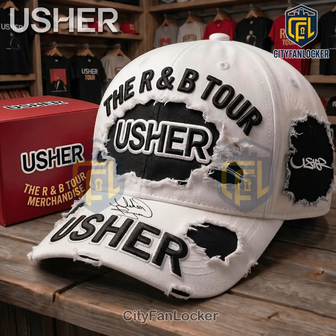 Usher The R&B Tour Distressed White Embroidered Logo Baseball Cap