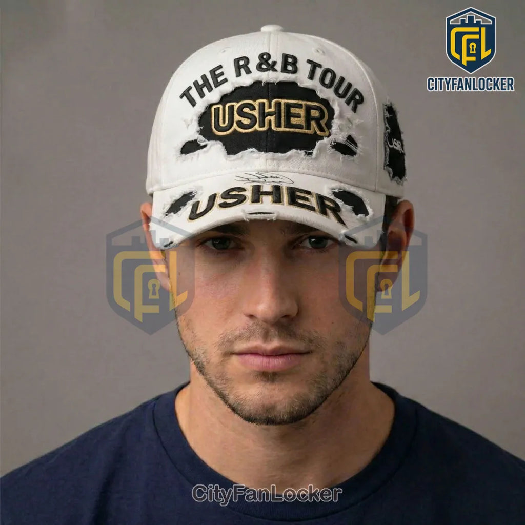 Usher The R&B Tour Distressed White Embroidered Logo Baseball Cap