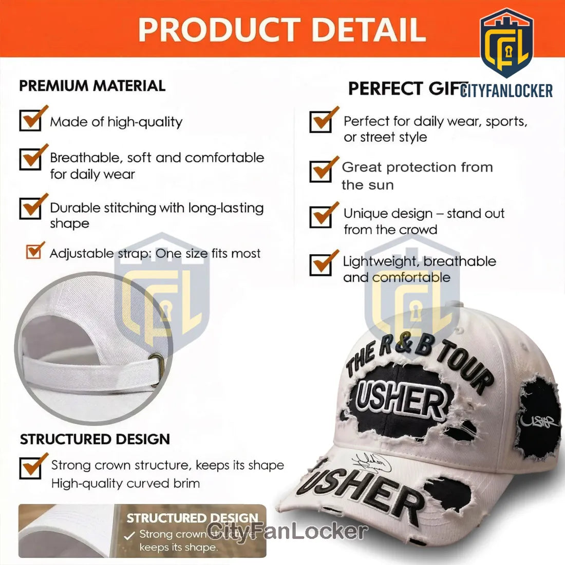 Usher The R&B Tour Distressed White Embroidered Logo Baseball Cap