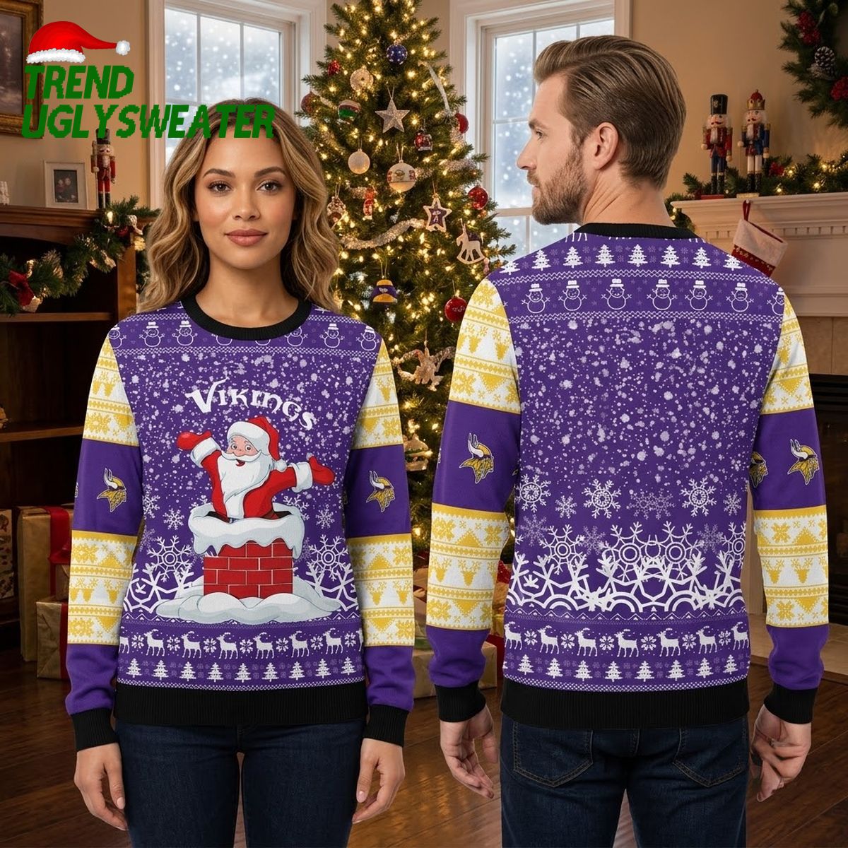 Vikings Dancing Santa On Chimney Ugly Christmas Sweater