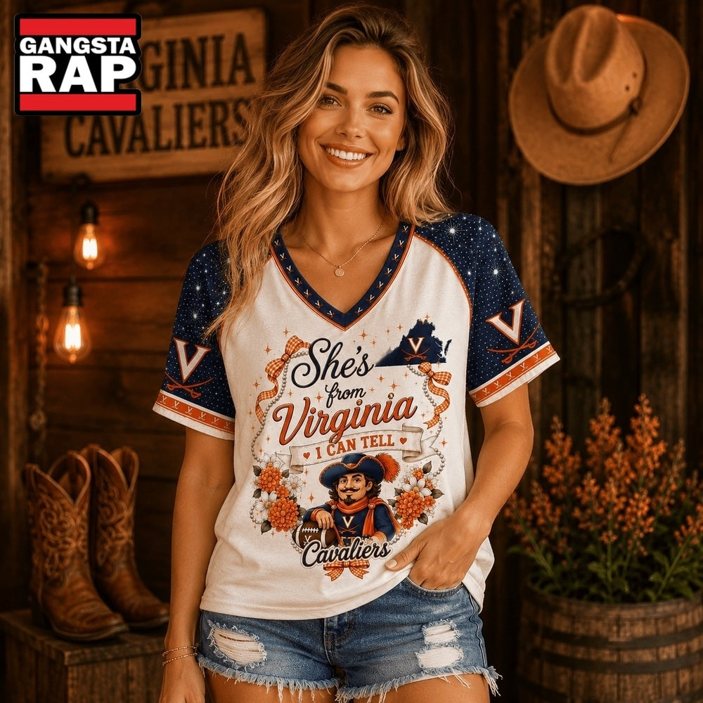 Virginia Cavaliers NCAA Bow and Floral Team Spirit V Neck T Shirt