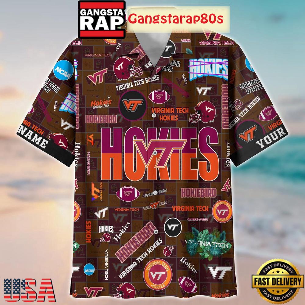 Virginia Tech Hokies Solgan HokieBird True Fan Spirit Custom Name Aloha Hawaiian Shirt