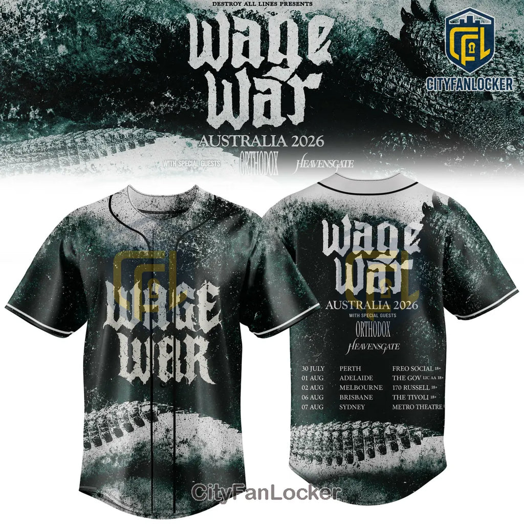 Wage War Australia 2026 Tour Black Baseball Jersey