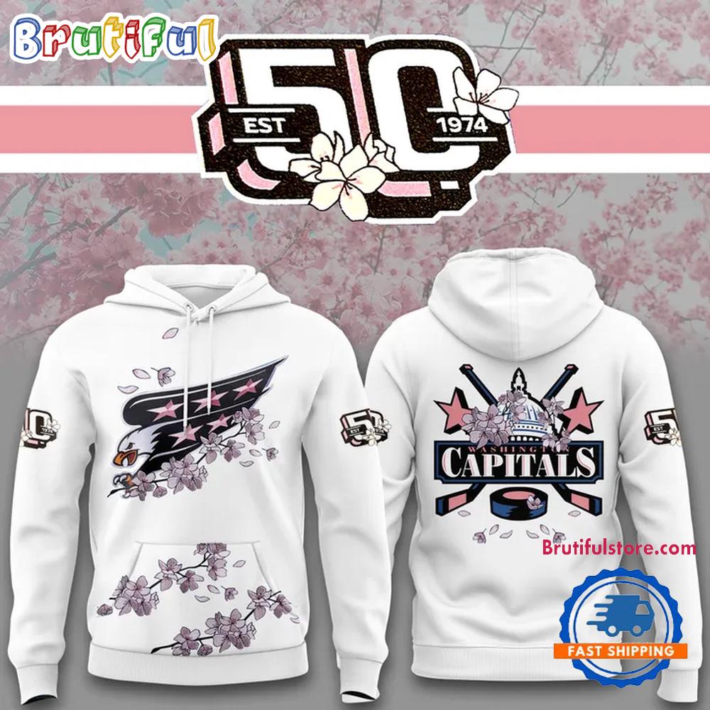 Washington Capitals NHL 2025 Cherry Blossom 50th Anniversary White Hoodie T-Shirt