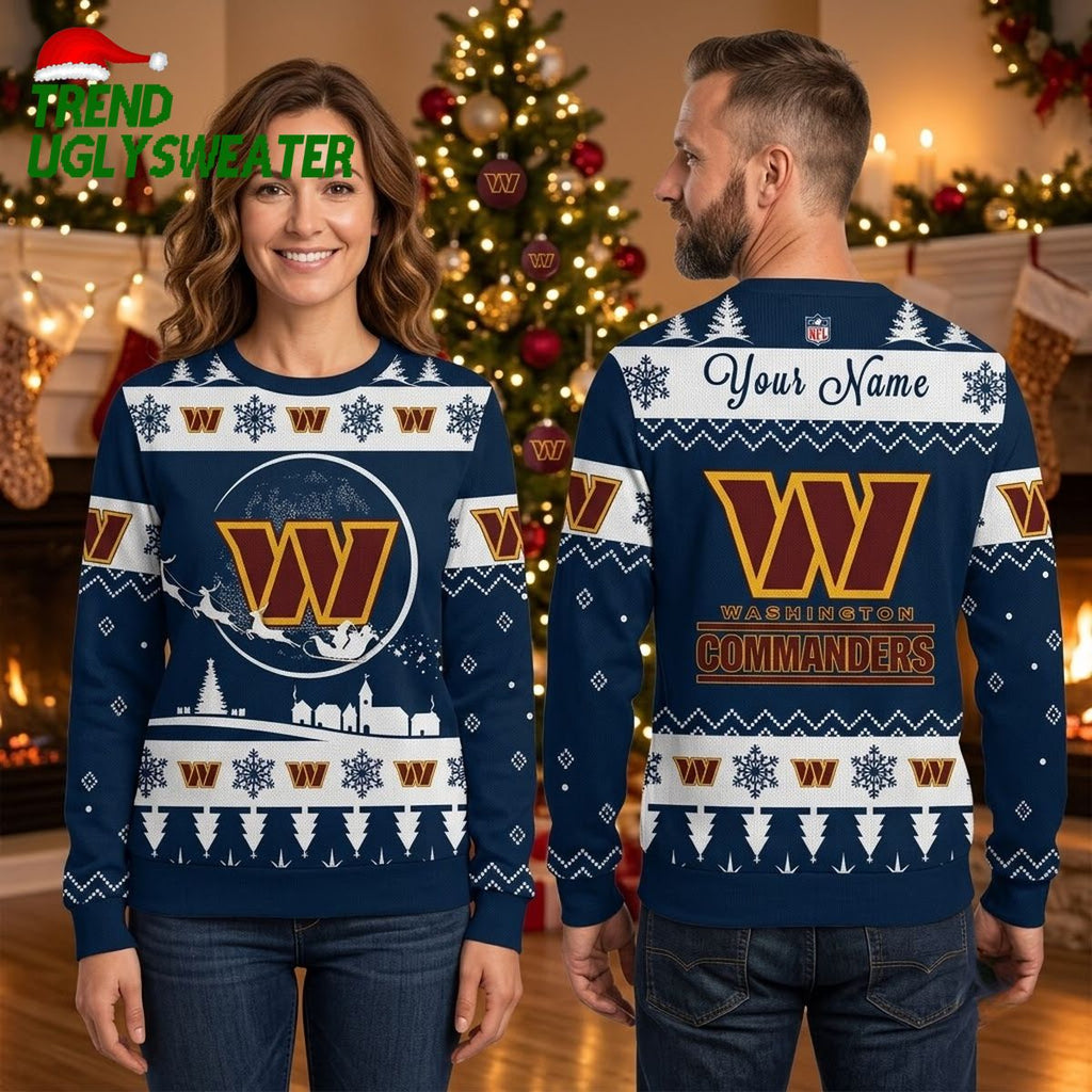Washington Commanders Logo Snowy Village Ugly Christmas Sweater