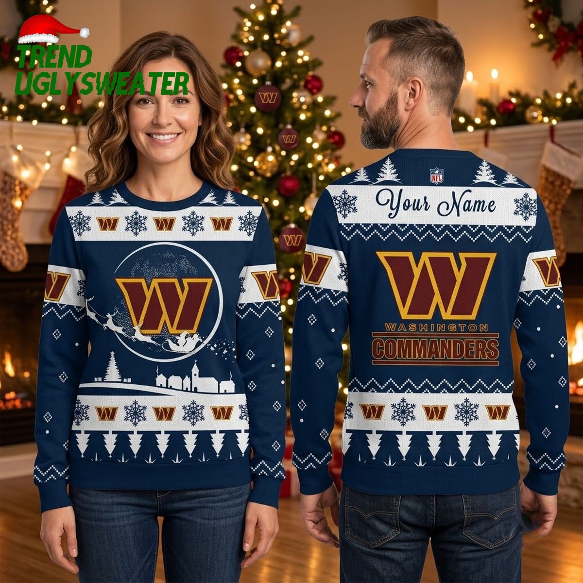 Washington Commanders Logo Snowy Village Ugly Christmas Sweater