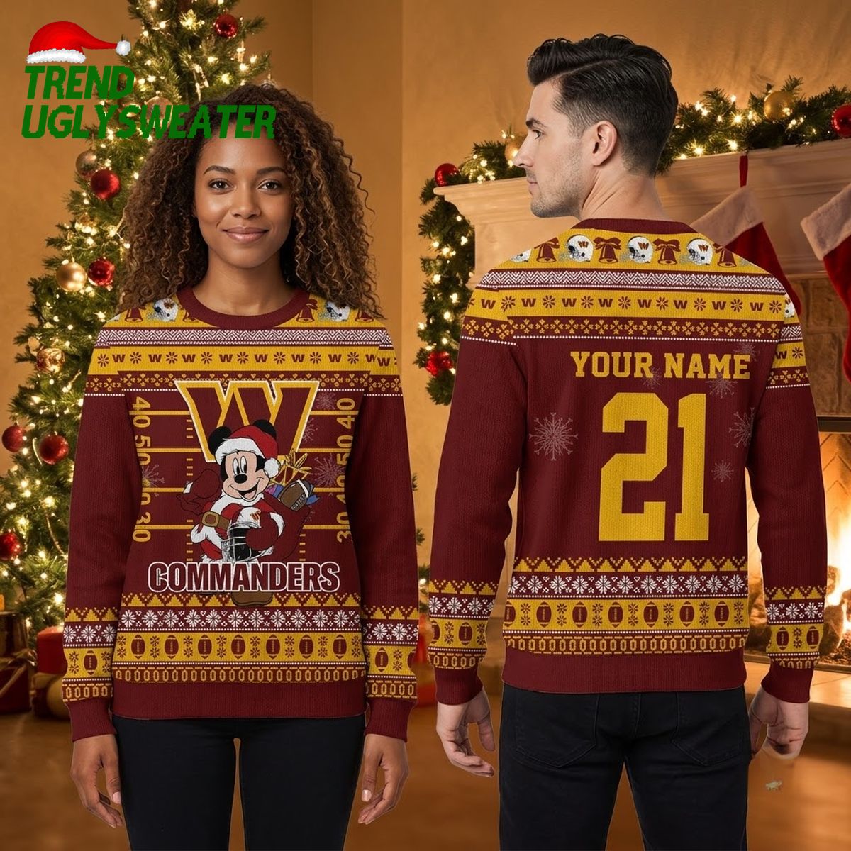 Washington Commanders Mickey Mouse Santa Custom Name And Number Ugly Christmas Sweater