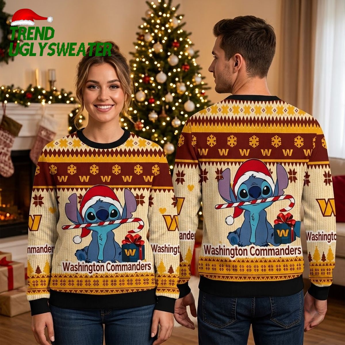 Washington Commanders Stitch Santa Hat Candy Cane Ugly Christmas Sweater