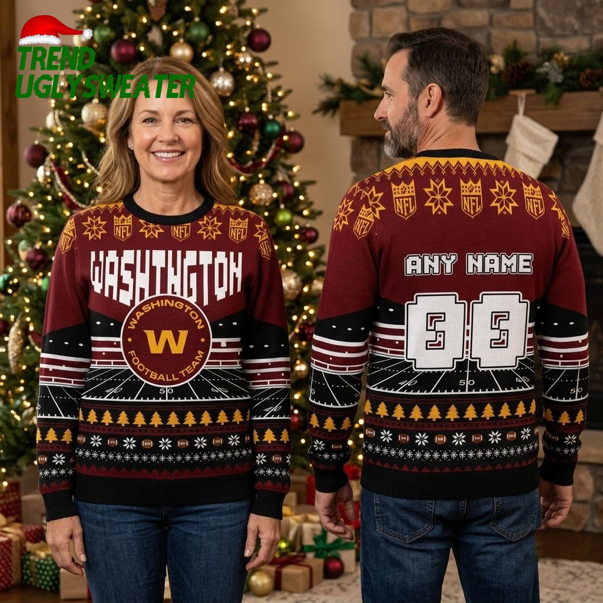 Washington Football Team Football Field Custom Name And Number Ugly Christmas Sweater