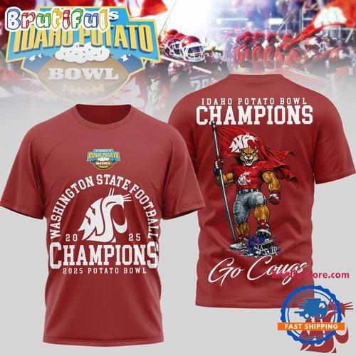 Washington State Cougars NCAA 2025 IDAHO POTATO BOWL CHAMPIONS Mascot Red 3D Shirt