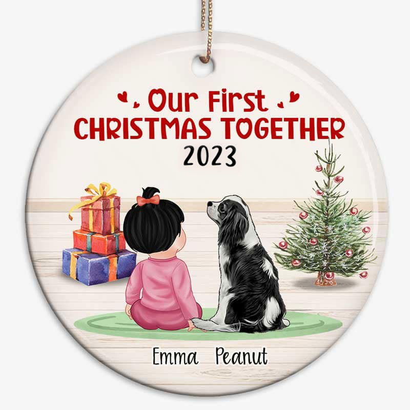 First Christmas Together Baby & Dog - Personalized Circle Ceramic Ornament - New 1st Baby Gift