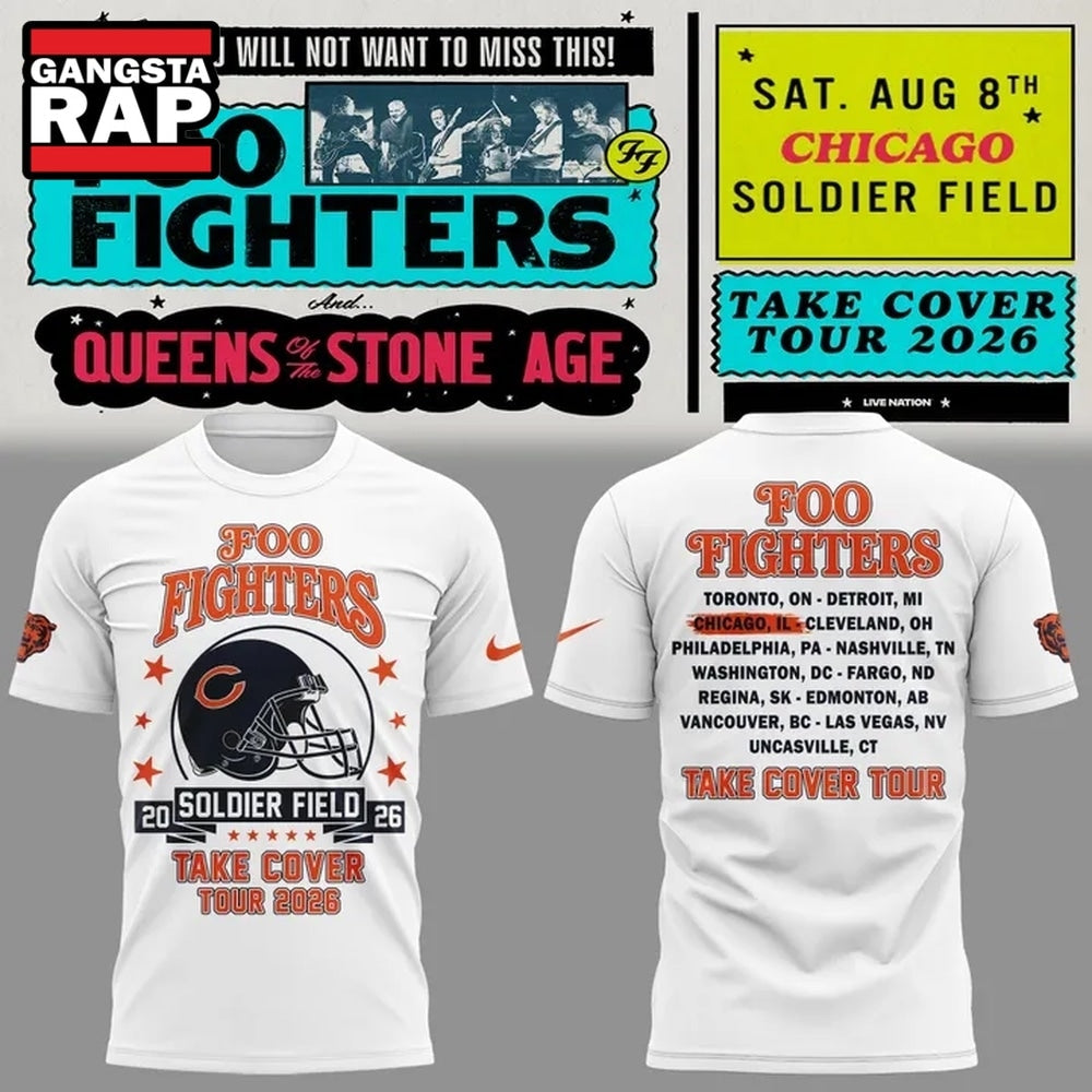 White Shirt Foo Fighters x Chicago Bears, Take Cover Tour 2026 T Shirt , Music Trend Shirt