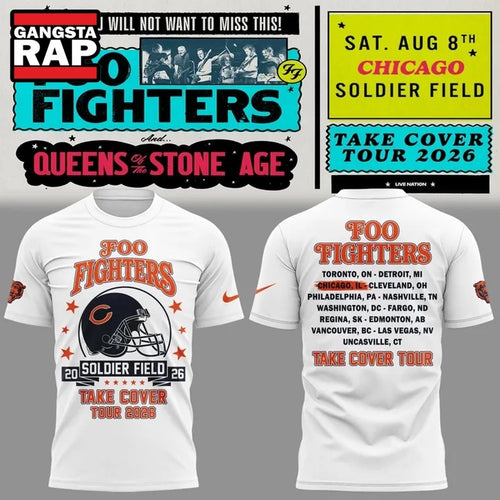 White Shirt Foo Fighters x Chicago Bears, Take Cover Tour 2026 T Shirt , Music Trend Shirt