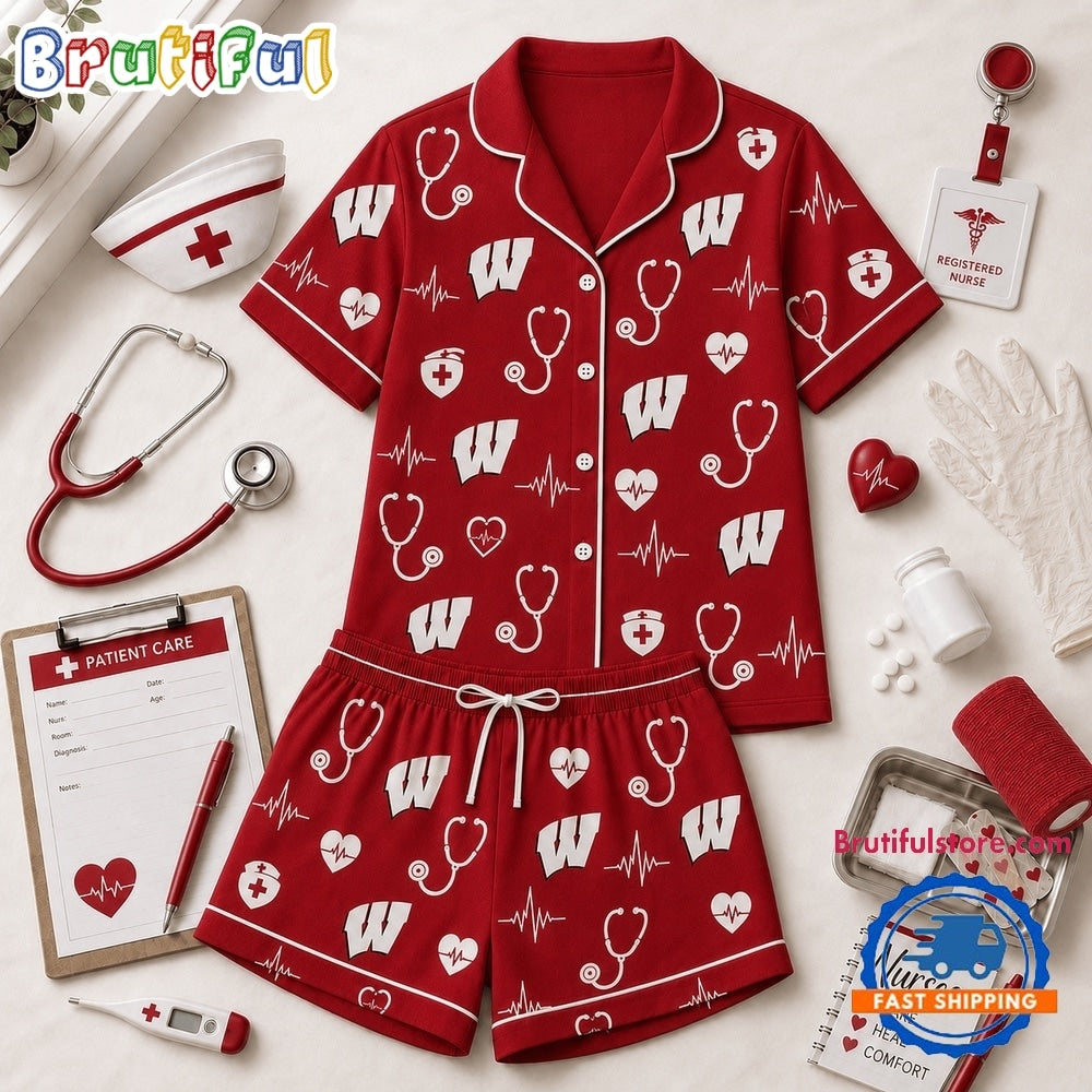 Wisconsin Badgers NCAA Heartbeats & Home Teams Short Sleeve Pajamas Set