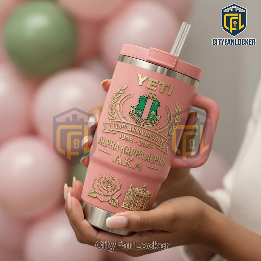 Yeti Alpha Kappa Alpha 118th Anniversary Pink Gold AKA Handle Tumbler