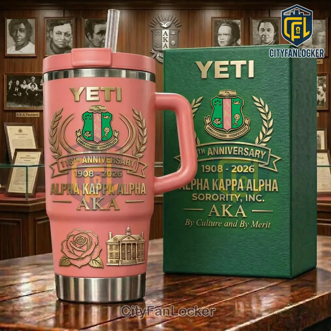 Yeti Alpha Kappa Alpha 118th Anniversary Pink Gold AKA Handle Tumbler
